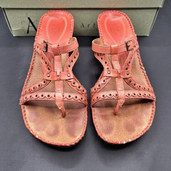Clarks Artisan Sago Wedge Sandals Womens Size 8.5 Mango Leather Grommeted Straps - Picture 2 of 15